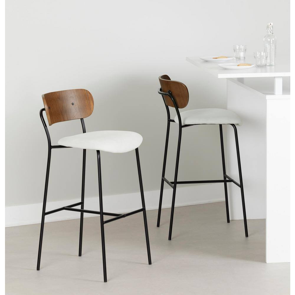 Cream and Brown Mid-Century Modern Bar Stool with Metal Frame