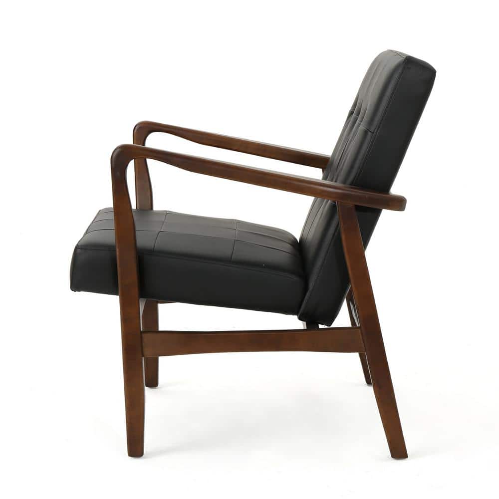 Black Faux Leather and Birch Wood Mid Century Modern Accent Chair