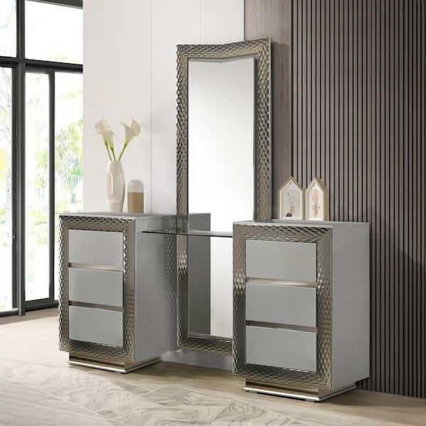 Furniture of America Dulce Gray Makeup Vanity Tables with LED on Mirror, Plinth Base and Silver Molding