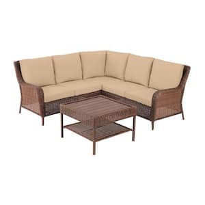 Cambridge 4-Piece Brown Wicker Outdoor Patio Sectional Sofa and Table with Sunbrella Beige Tan Cushions