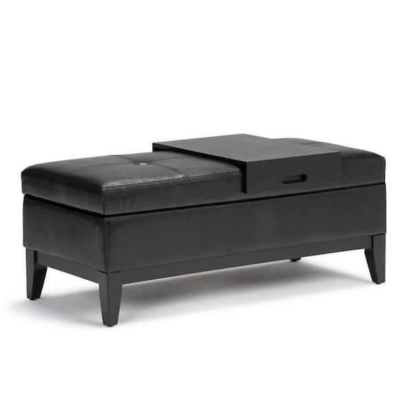 Simpli Home Oregon 42 In Wide Contemporary Rectangle Storage Ottoman Bench With Tray Midnight Black Faux Leather 3axcot 245 Bl The Depot Tray In Midnight Black Faux Leather, Leather Storage Ottoman Bench Black