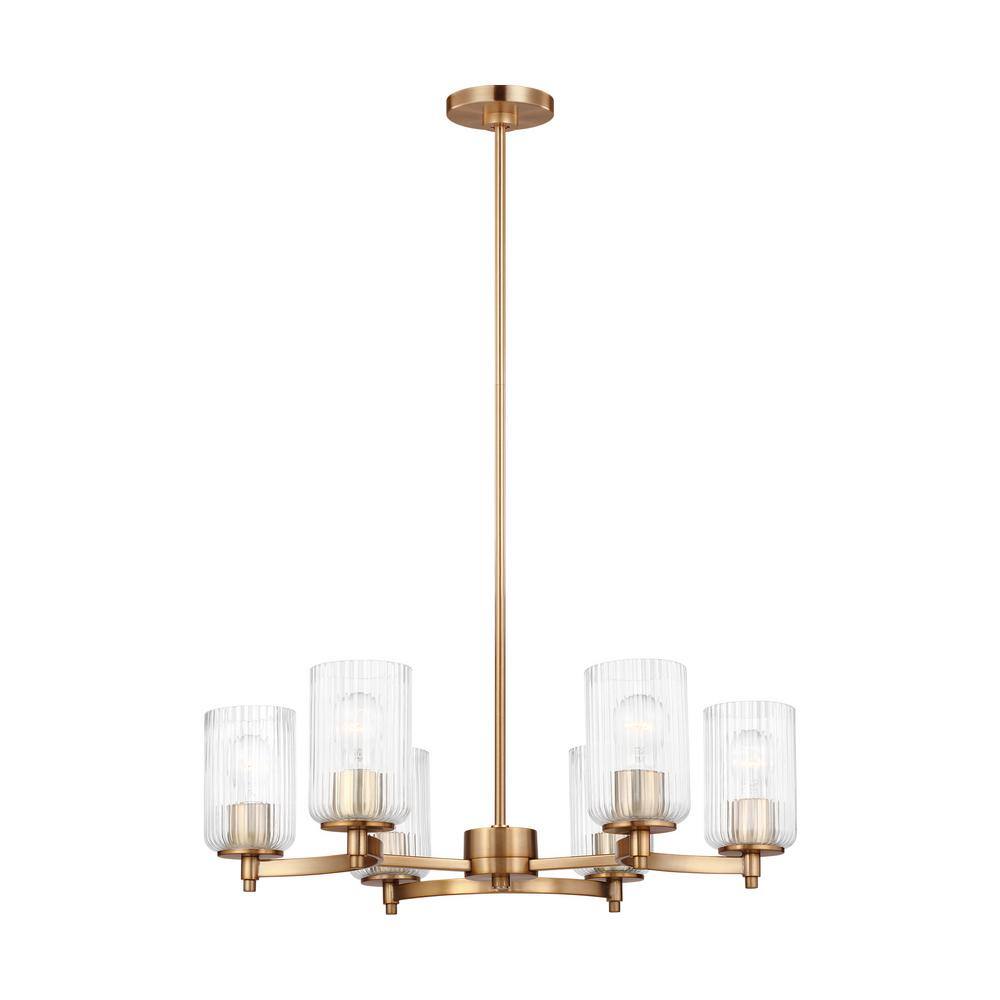 Beaumont Satin Brass 6-Light Chandelier with Clear Fluted Glass Shades