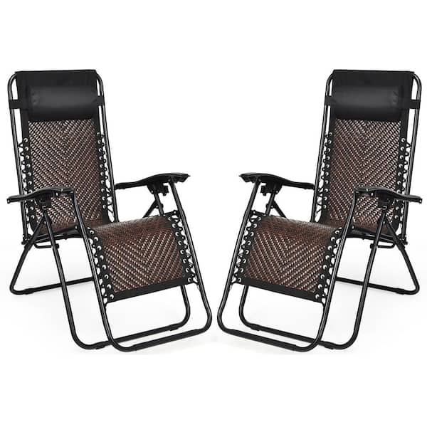 Costway Mix Brown Zero Gravity Foldable Metal Wicker Outdoor Foldable Lounge Chair (2-Pack)