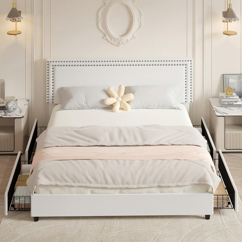White Velvet Upholstered King Platform Bed with Storage Drawers