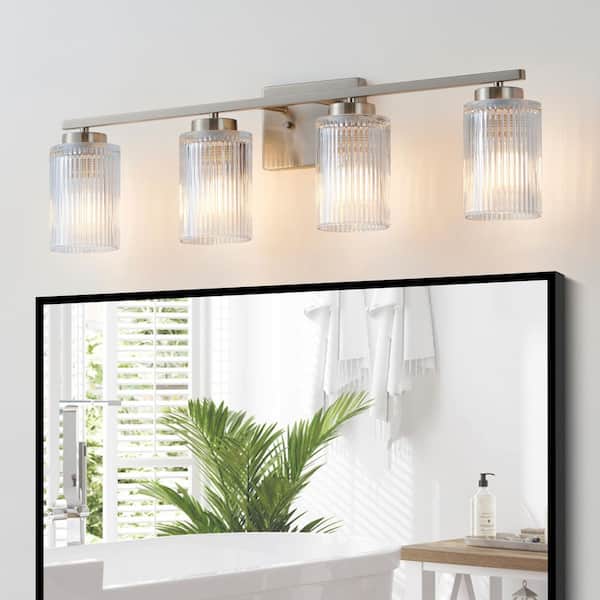 30 in. 4-Light Brushed Nickel Vanity Light with Clear Ribbed Glass Shades