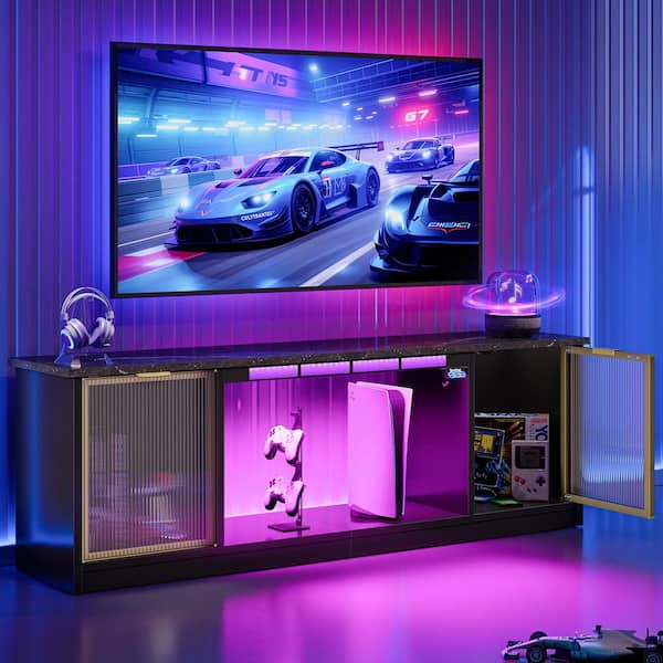 Bestier 57 in. Black Marble High-Tech TV Stand Fits TV Up to 32 to 65 in. Entertainment Center with RGB Music Sync Light