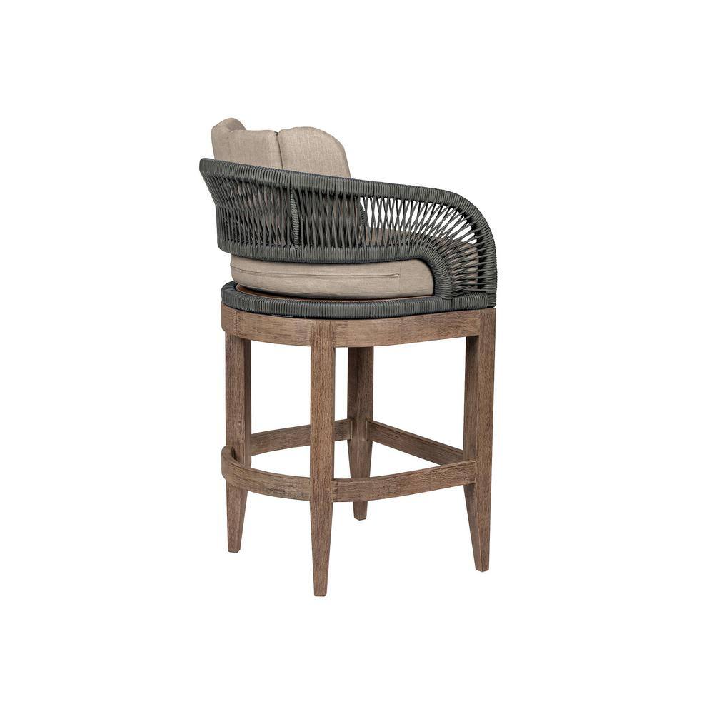 26" Weathered Eucalyptus Outdoor Counter Stool with Gray Rope and Taupe Cushions