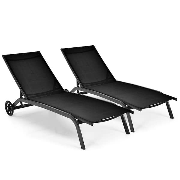 Costway 2-Piece Metal Outdoor Chaise Lounge Patio Adjustable 6 Position Recliner Wheels Black