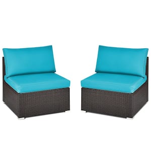 2-Pieces Patio Wicker Rattan Sectional Armless Chair Sofa with Turquoise Cushion