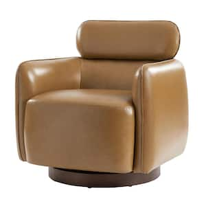 Pius Camel Modern Swivel Genuine Leather Barrel Chair with Adjustable Headrest