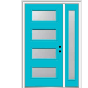 53 in. x 81.75 in. Celeste Frosted Left-Hand 4-Lite Eclectic Painted Fiberglass Smooth Prehung Front Door with Sidelite