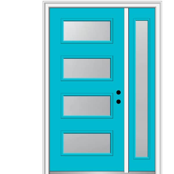 MMI DOOR 53 in. x 81.75 in. Celeste Frosted Left-Hand 4-Lite Eclectic Painted Fiberglass Smooth Prehung Front Door with Sidelite