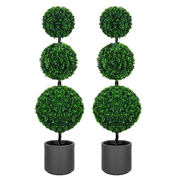 VIVATREES Triple Ball Topiary 4 ft. Artificial Topiary Tree in Gray Planter Pot 2-Pack Indoor Outdoor Faux Shrubs for Home Decor