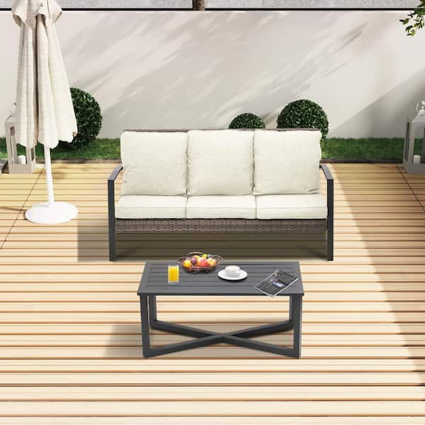 SUNVIVI 2-Piece Wicker Outdoor Conversation Set with Beige Cushions