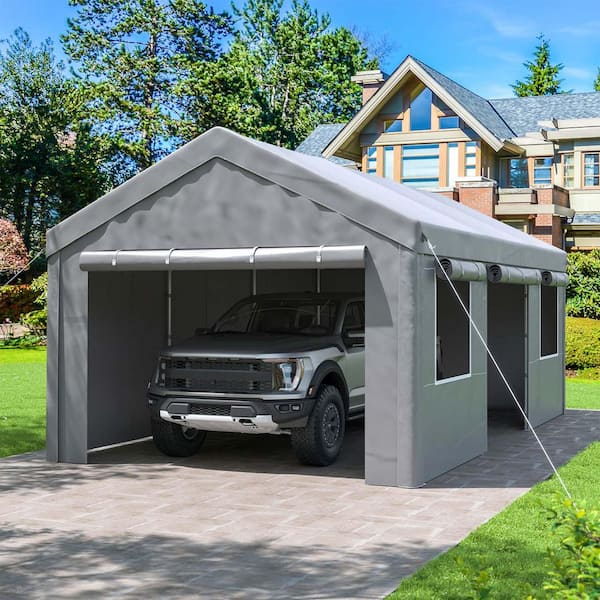 12 ft. x 20 ft. Freestanding PE Carport Canopy with Sidewalls and Roll-Up Door, Heavy-Duty Steel Frame Outdoor Shelter