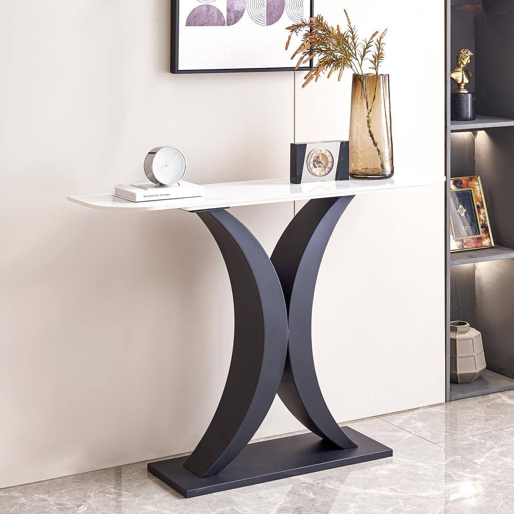 47.24 in. Black Rectangle Faux Marble Top Console Table Metal Frame Entrywa