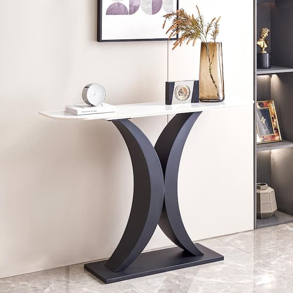 Unbranded 47.24 in. Black Rectangle Faux Marble Top Console Table Metal Frame Entryway Sofa Table with Adjustable Foot Pads