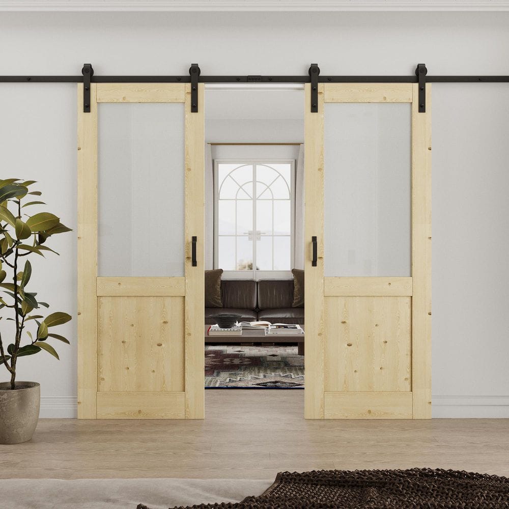 60 in. x 80 in. 1/2-Lite Frosted Glass Solid Core Unfinished Pine Wood Sliding Barn Door with Hardware Kit price history on PriceWatchPro