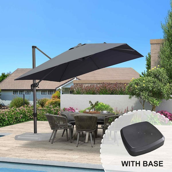 10 ft. Square Aluminum Outdoor Patio Cantilever Umbrella Offset 360-Degree Rotation Umbrella with Wheels Base, Gray
