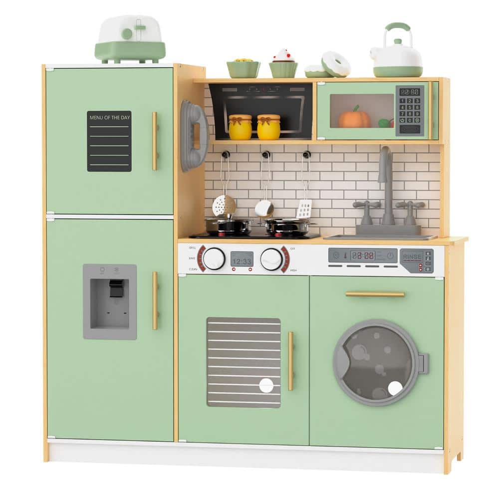Wooden Kids Play Kitchen Set with Lights & Sounds, 27-Piece Accessories, Pretend Cooking Toy for Toddlers, Green