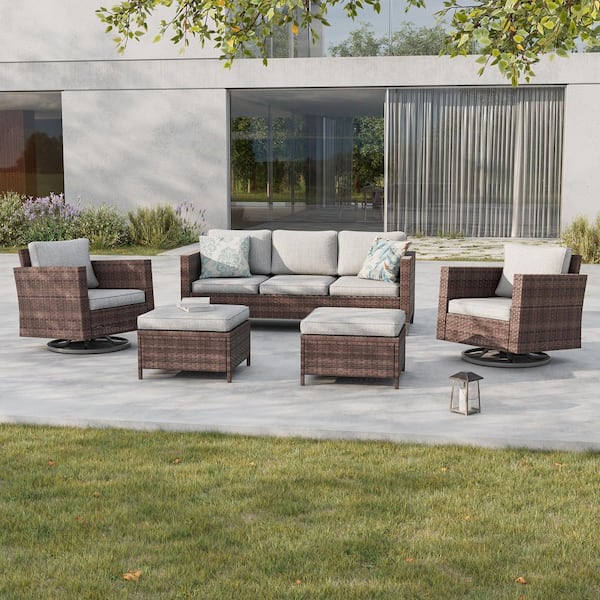 5-Piece Patio Conversation Set Brown Wicker with Swivel Rocking Chair and Linen Grey Thickening Cushions