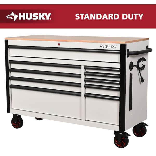 Standard-Duty 52 in. W 10-Drawer Matte White Mobile Workbench Cabinet with Red Accents and Solid Wood Top