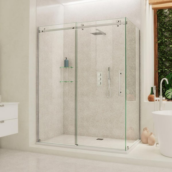 DreamLine Enigma Air 60-3/8 in. x 76 in. Frameless Corner Sliding Shower Door in Polished Stainless Steel with Handle