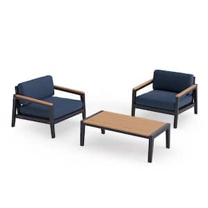 Rhodes 3 Piece Aluminum Outdoor Patio Conversation Set with Spectrum Indigo Cushions & Coffee Table