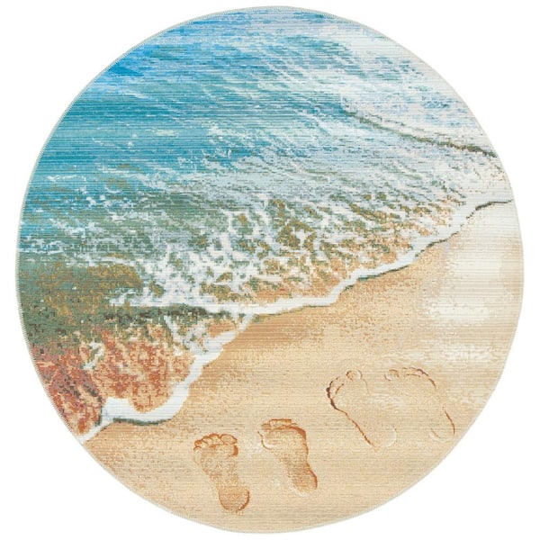 SAFAVIEH Barbados Gold/Blue 8 ft. x 8 ft. Round Gradient Seashore Indoor/Outdoor Area Rug