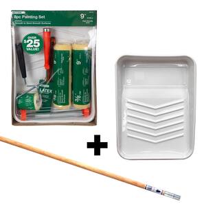 8-Piece High-Density Polyester Knit Paint Tray Kit + 4 ft. Wood Ext. Pole with Metal Tip + 9 in. Plastic Tray Liner