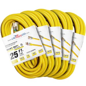 25 ft. 12 Gauge/3 Conductors SJTW Indoor/Outdoor Extension Cord with Lighted End Yellow (5-Pack)