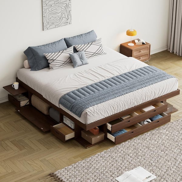 Harper & Bright Designs Walnut(Brown) Wood Frame King Size Platform Bed with Multiple Storage Drawers, Cabinets and Shelves
