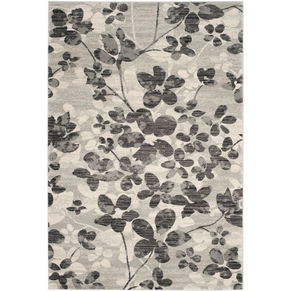 Grey and Black Floral Synthetic Rectangular Area Rug