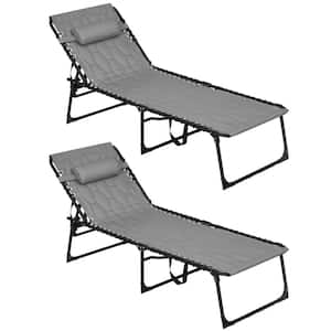 2 of Pieces Gray Folding Outdoor Chaise Lounge with 5-level Reclining Back, Padded Seat, Side Pocket and Headrest