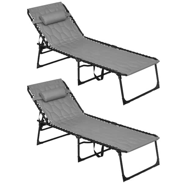 Sudzendf 2 of Pieces Gray Folding Outdoor Chaise Lounge with 5-level Reclining Back, Padded Seat, Side Pocket and Headrest
