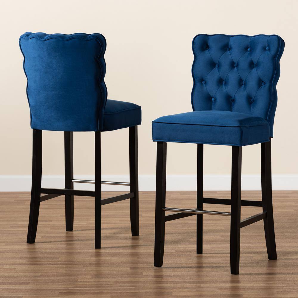 Elegant Navy Blue Velvet & Dark Wood Adjustable Barstool Set
