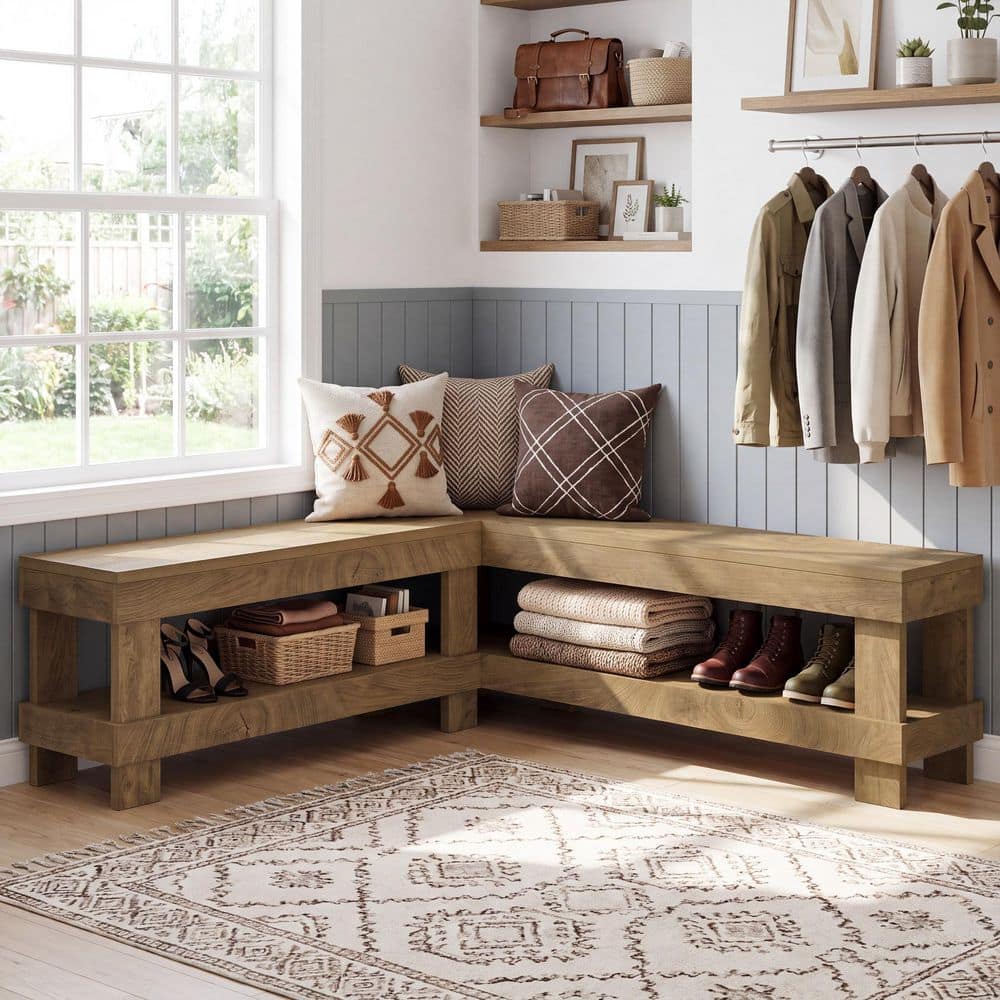 Rita 61 in. Brown L shaped Entryway Bench with Storage, Corner Breakfast Nook Bench