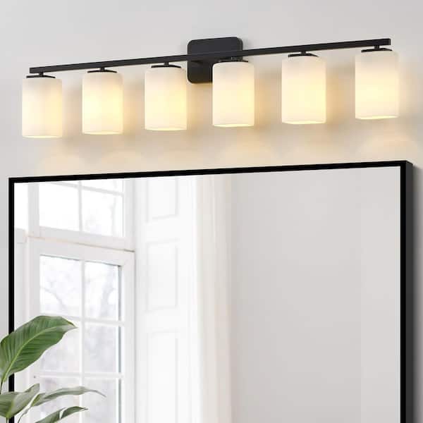 43.25 in. 6-Light Black Clemmon Vanity Light with Square Frosted Glass Shade