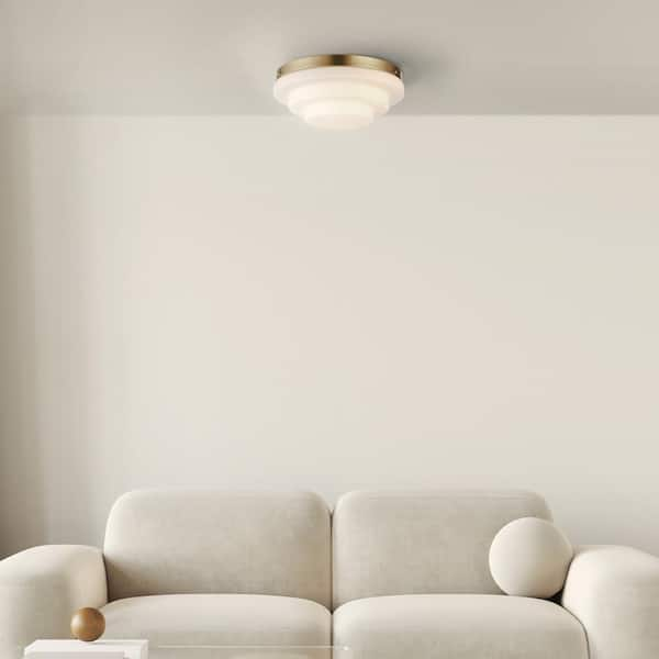 11.81 in. 2-Light Matte Brass Flush Mount Ceiling Light with Tiered Milk Glass Shade