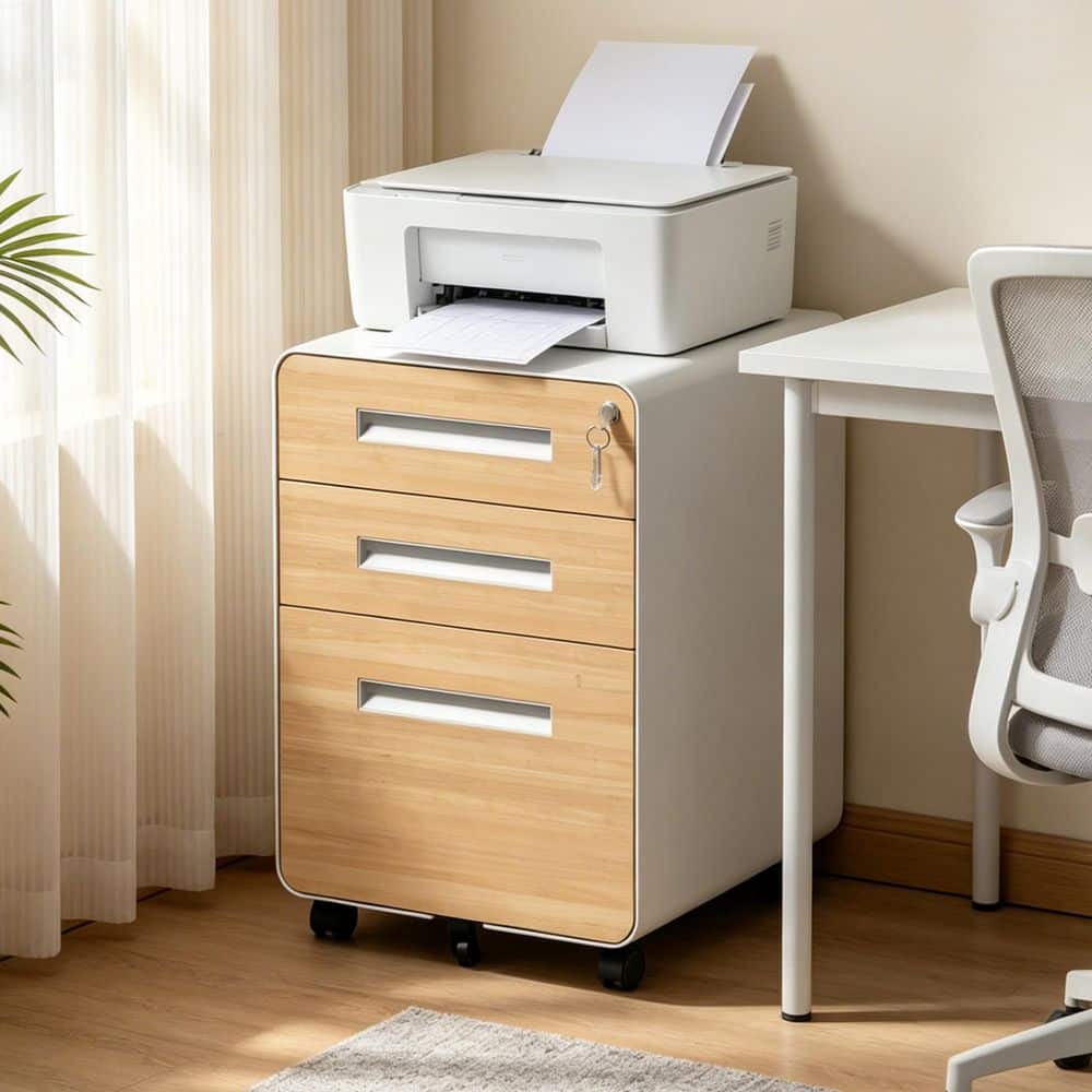 3-Drawer White Oak Metal 16 in. W Pedestal File Cabinet with Lock, Rolling Storage for Home Office Under Desk