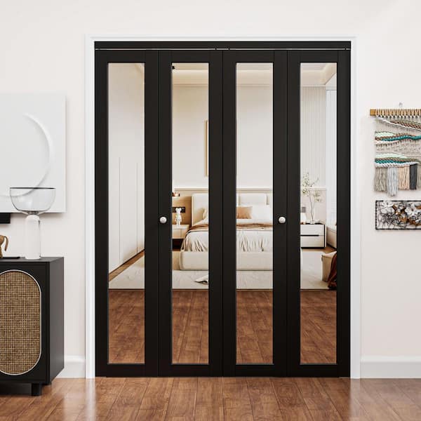 64 in. x 80 in. 1-Lite Mirrored Glass and Solid Core Black Finished Close MDF Bi-Fold Door with Hardware