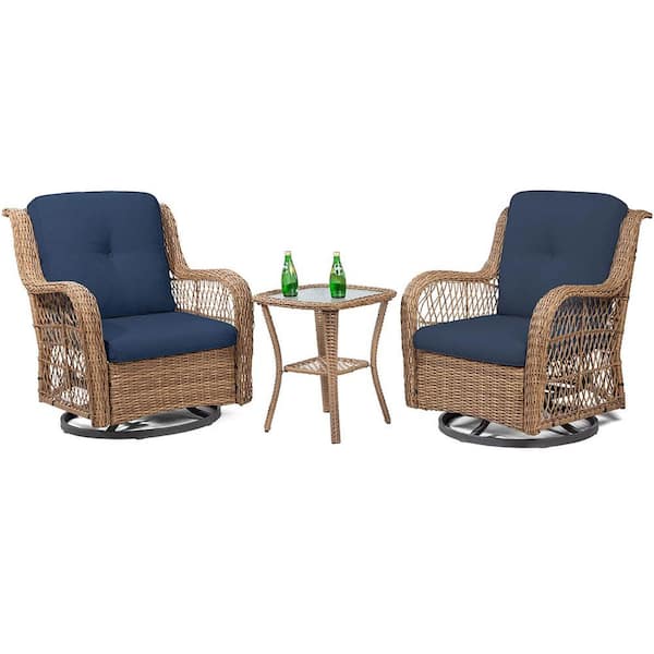 Sudzendf 3-Piece Wicker Outdoor Bistro Set with 2 Swivel Chairs Blue Cushioned and 1 Glasstop Side Table