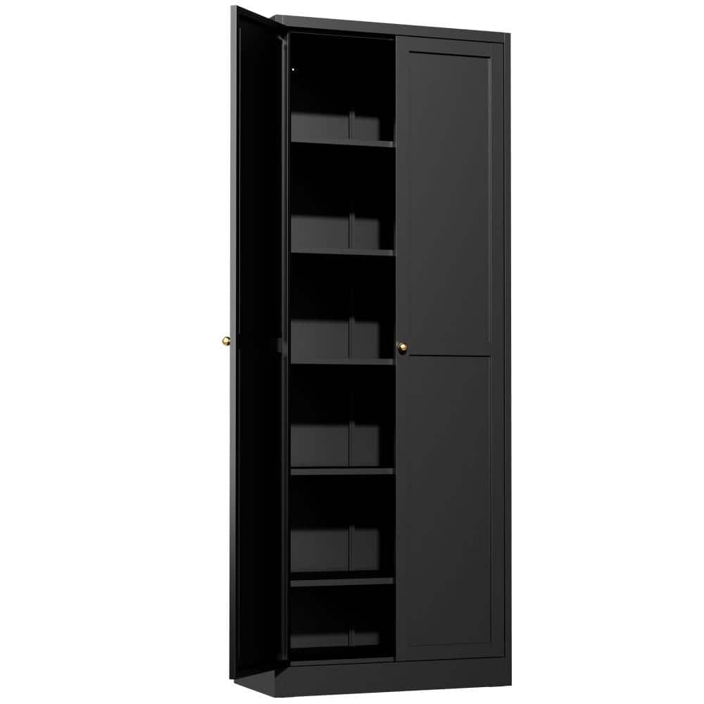72" Metal Kitchen Pantry Cabinet with 5 Adjustable Shelves and Side Hooks