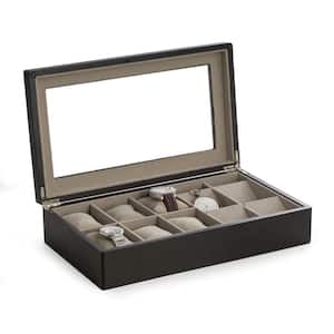 Matte Black Wood 6-Watch and Four Pocket Watch Storage Box with Glass Top and Soft Velour Lining
