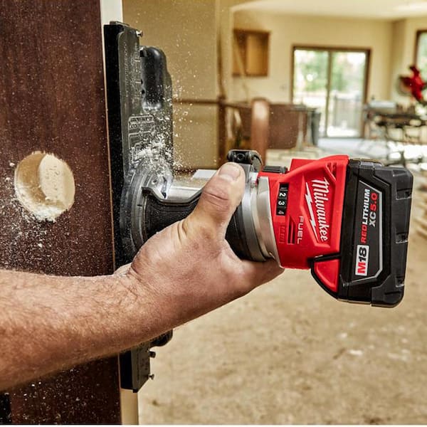 Milwaukee M18 FUEL 18V Lithium Ion Brushless Cordless Compact Router w Compact Router Offset Base Router Plunge Base 2723 20 48 10 5602 48 10 5601 The Home Depot