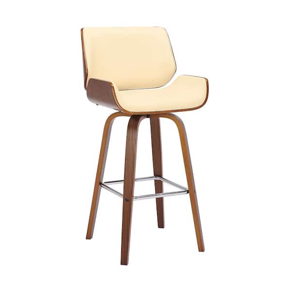 Armen Living Tyler 30 in. Cream/Walnut High Back Wood Swivel Bar Stool with Faux Leather