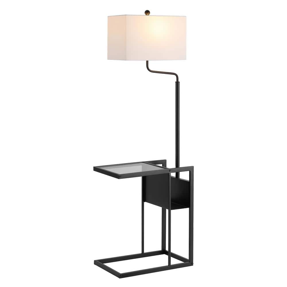 Janson Matte Black Floor Lamp with Shelf and White Shade