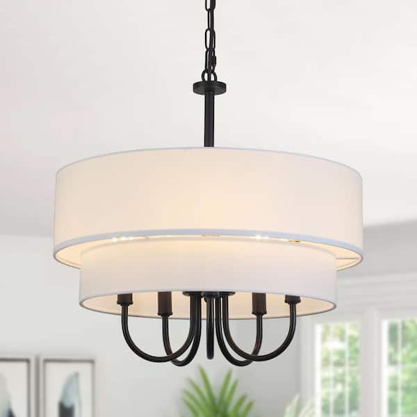 18 in. 5-Light Matte Black Modern Candle Chandelier with White Fabric Tiered Drum Shape for Dining Room Bedroom Foyer