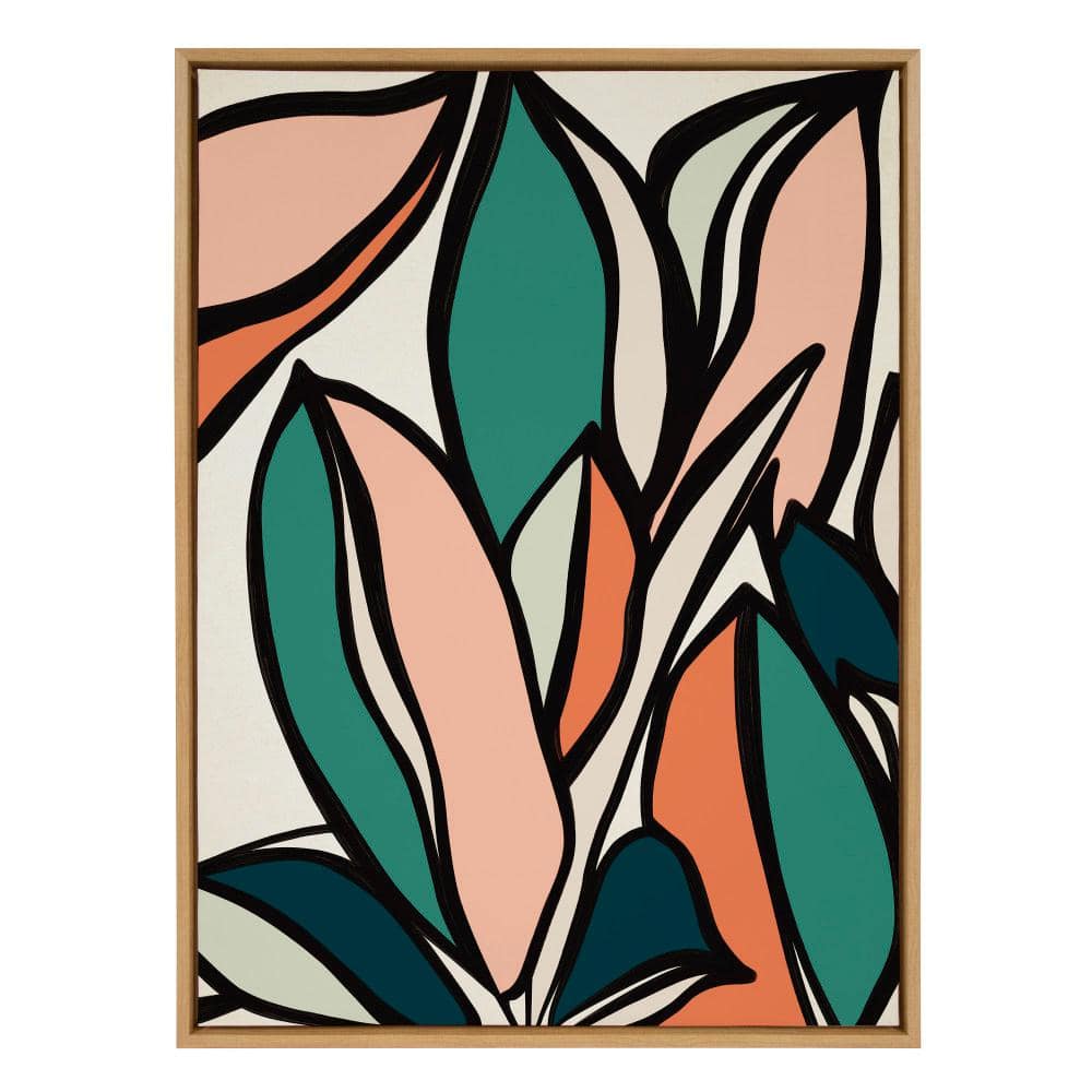 Colorful Abstract Ficus Leaves Canvas Print with Natural Frame