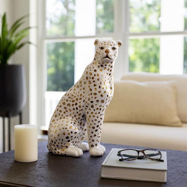 Liv & Skye White 7 in. x 11 in. Ceramic Glam Sitting Leopard 15878